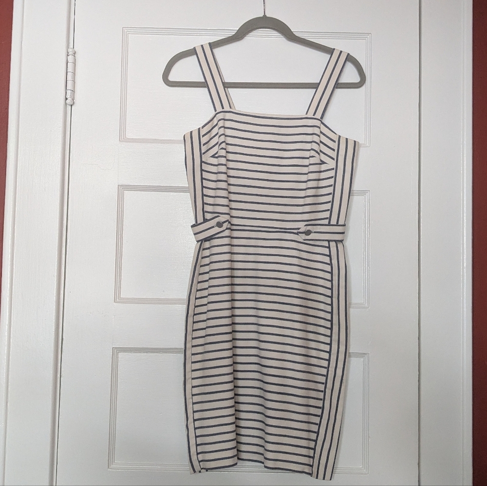 Banana Republic Blue and White Sheath Dress Sleeveless Square Neck